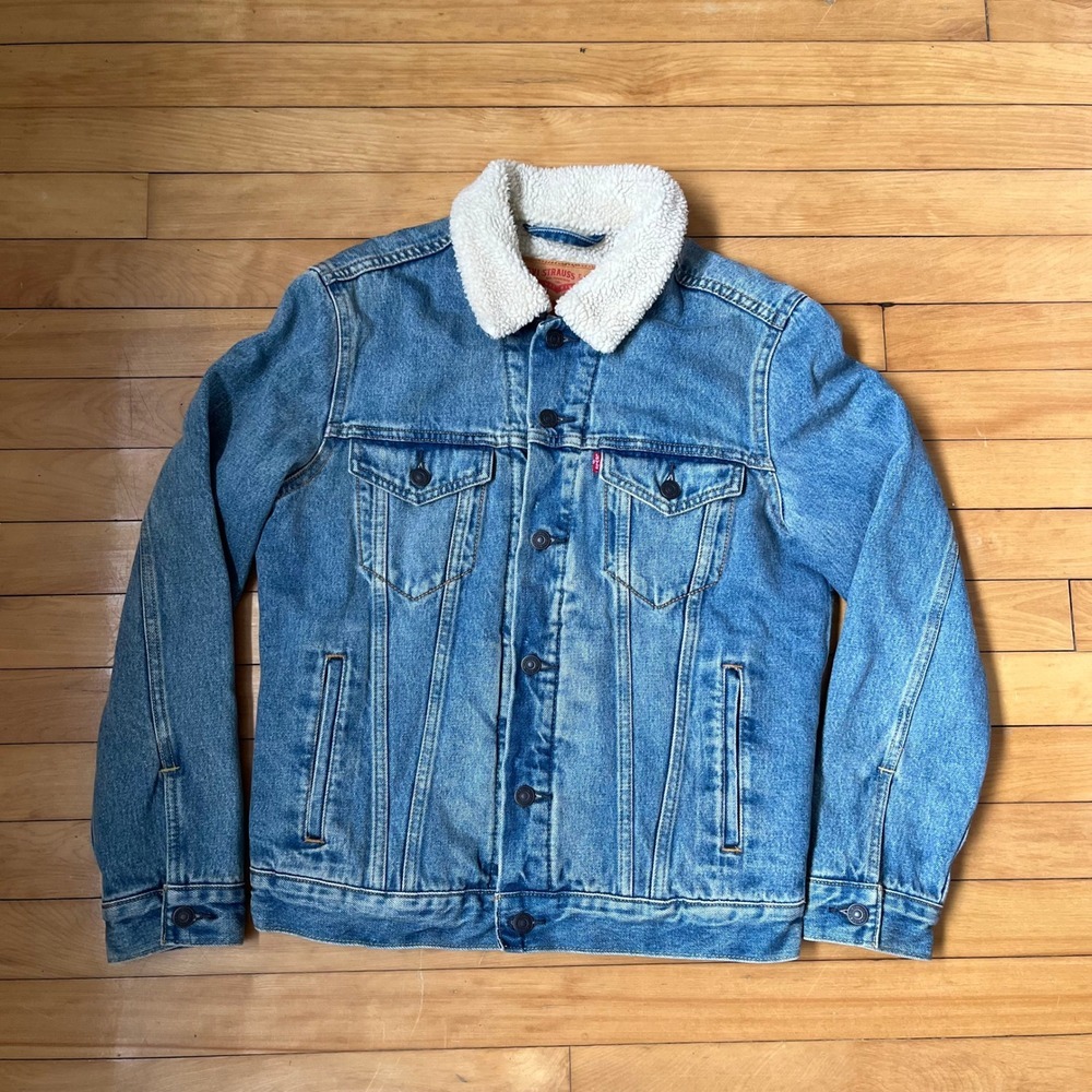 Levis Mens Sherpa Lined Denim Trucker Jacket Blue Medium Wash Size Small